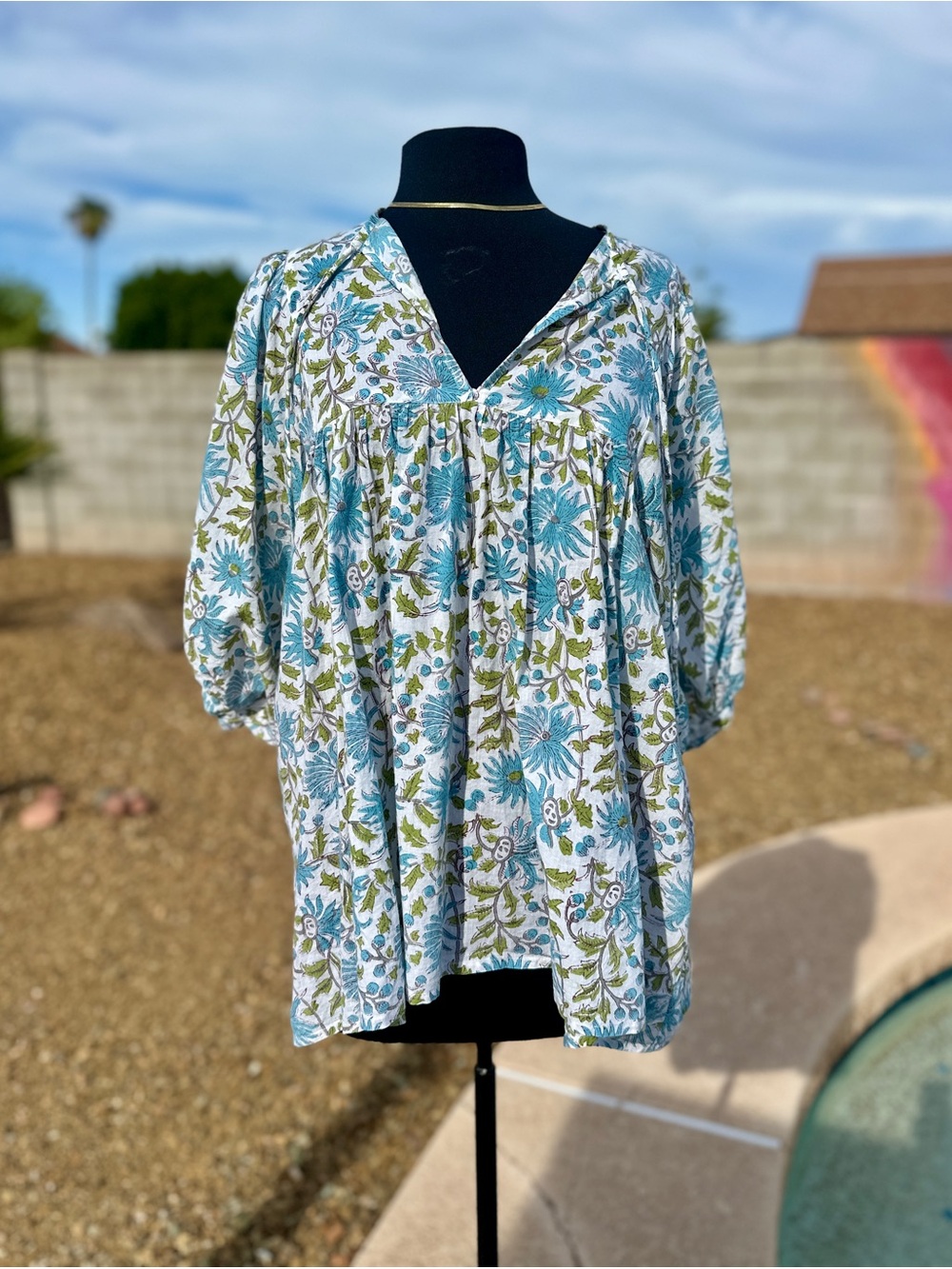MILLE Resort & Travel Block Print Cotton Floral Blouse M Jaipur India